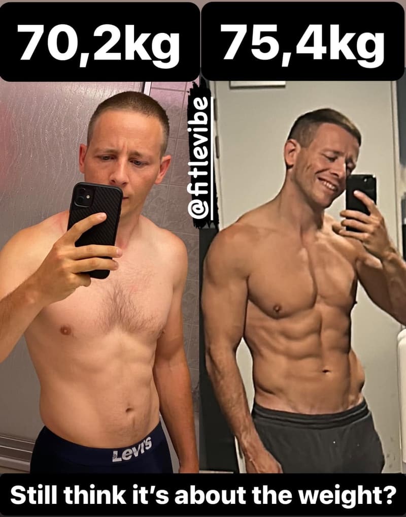 Levi Otte, zijn eigen voor- en nafoto: links 70,2 kg, rechts 75,4 kg, met de tekst ‘Still think it’s about the weight?’